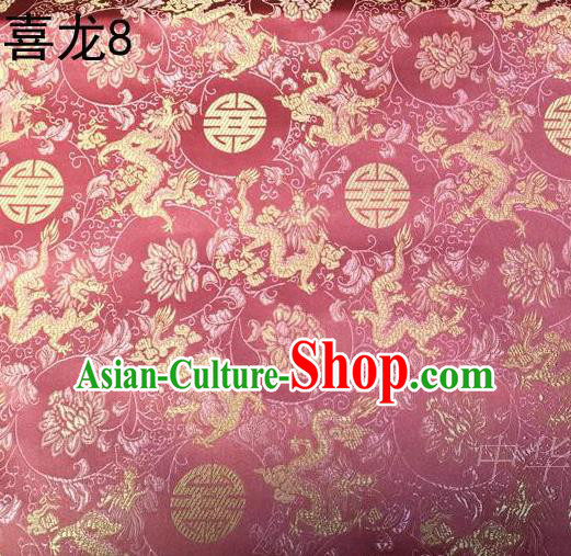 Traditional Asian Chinese Handmade Embroidery Happiness Dragon Satin Pink Silk Fabric, Top Grade Nanjing Brocade Tang Suit Hanfu Tibetan Clothing Fabric Cheongsam Cloth Material