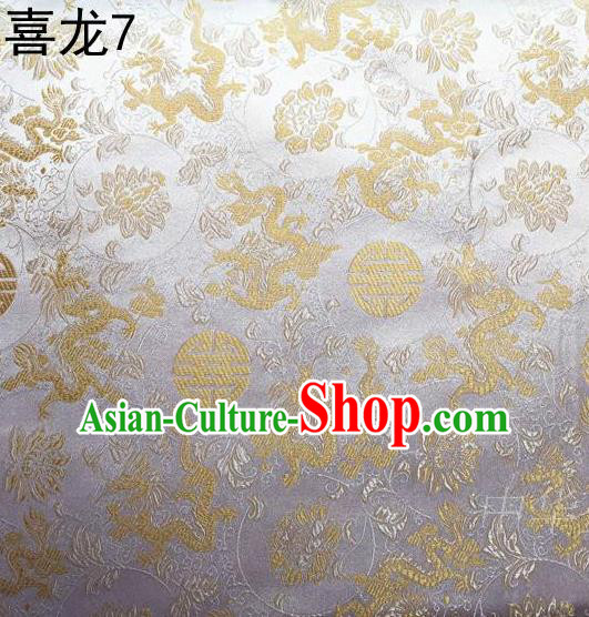 Traditional Asian Chinese Handmade Embroidery Happiness Dragon Satin Sliver Silk Fabric, Top Grade Nanjing Brocade Tang Suit Hanfu Tibetan Clothing Fabric Cheongsam Cloth Material