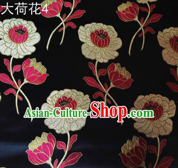 Traditional Asian Chinese Handmade Embroidery Lotus Satin Black Silk Fabric, Top Grade Nanjing Brocade Tang Suit Hanfu Clothing Fabric Cheongsam Cloth Material