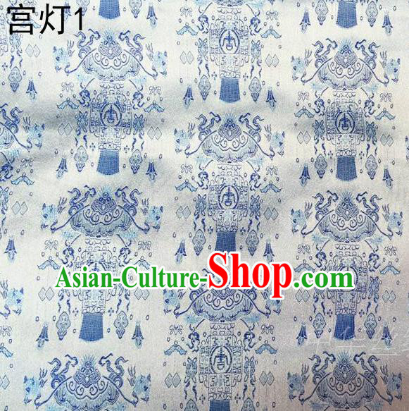 Traditional Asian Chinese Handmade Embroidery Palace Lantern Satin White Silk Fabric, Top Grade Nanjing Brocade Tang Suit Hanfu Clothing Fabric Cheongsam Cloth Material