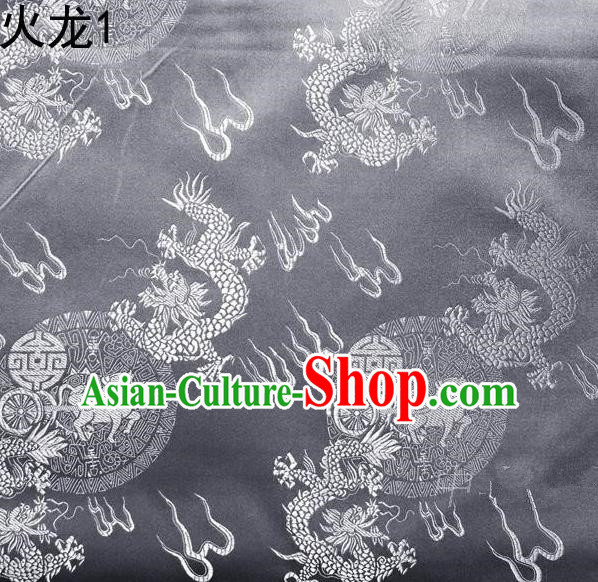 Traditional Asian Chinese Handmade Embroidery Fire Dragons Satin Tang Suit Grey Silk Fabric, Top Grade Nanjing Brocade Ancient Costume Hanfu Clothing Fabric Cheongsam Cloth Material