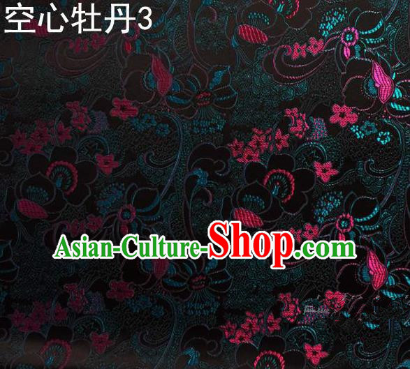 Traditional Asian Chinese Handmade Embroidery Peony Flowers Satin Tang Suit Black Silk Fabric, Top Grade Nanjing Brocade Ancient Costume Hanfu Clothing Fabric Cheongsam Cloth Material