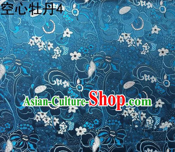 Traditional Asian Chinese Handmade Embroidery Peony Flowers Satin Tang Suit Blue Silk Fabric, Top Grade Nanjing Brocade Ancient Costume Hanfu Clothing Fabric Cheongsam Cloth Material