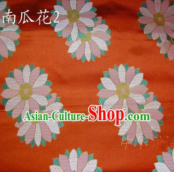 Traditional Asian Chinese Handmade Printing Cushaw Flower Satin Tang Suit Orange Silk Fabric, Top Grade Nanjing Brocade Ancient Costume Hanfu Clothing Fabric Cheongsam Cloth Material