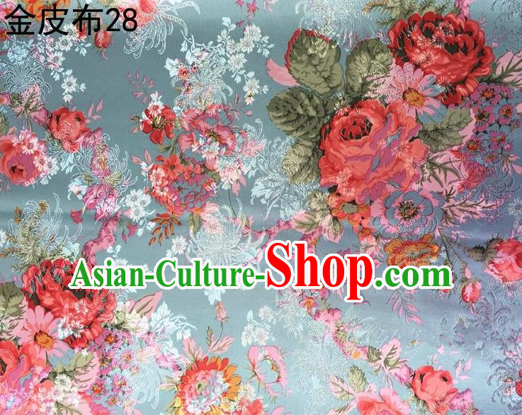 Traditional Asian Chinese Handmade Printing Peony Satin Tang Suit Blue Fabric, Nanjing Brocade Ancient Costume Hanfu Cheongsam Cloth Material