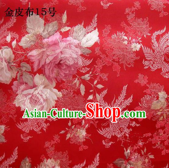 Traditional Asian Chinese Handmade Embroidery Phoenix Pink Peony Satin Tang Suit Red Fabric, Nanjing Brocade Ancient Costume Hanfu Cheongsam Cloth Material