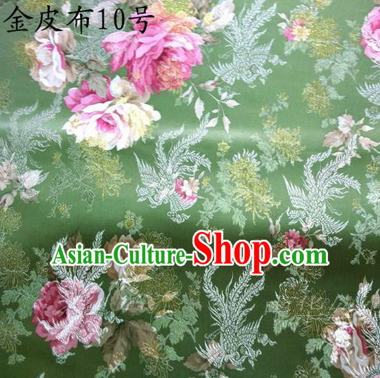 Traditional Asian Chinese Handmade Embroidery Phoenix Pink Peony Satin Tang Suit Green Fabric, Nanjing Brocade Ancient Costume Hanfu Cheongsam Cloth Material