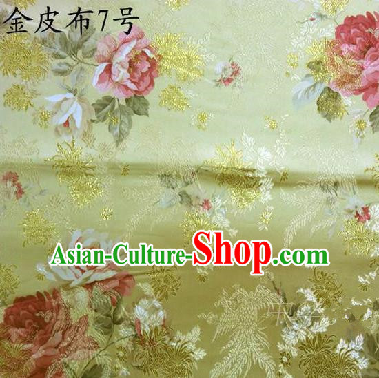 Traditional Asian Chinese Handmade Embroidery Phoenix Pink Peony Satin Tang Suit Golden Fabric, Nanjing Brocade Ancient Costume Hanfu Cheongsam Cloth Material