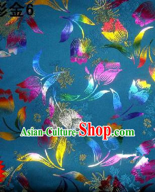 Traditional Asian Chinese Handmade Embroidery Tulip Flowers Satin Tang Suit Blue Fabric, Nanjing Brocade Ancient Costume Hanfu Cheongsam Cloth Material