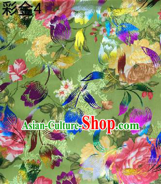 Traditional Asian Chinese Handmade Embroidery Tulip Flowers Satin Tang Suit Green Fabric, Nanjing Brocade Ancient Costume Hanfu Cheongsam Cloth Material