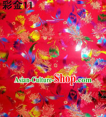 Traditional Asian Chinese Handmade Embroidery Tulip Flowers Satin Tang Suit Red Fabric, Nanjing Brocade Ancient Costume Hanfu Cheongsam Cloth Material