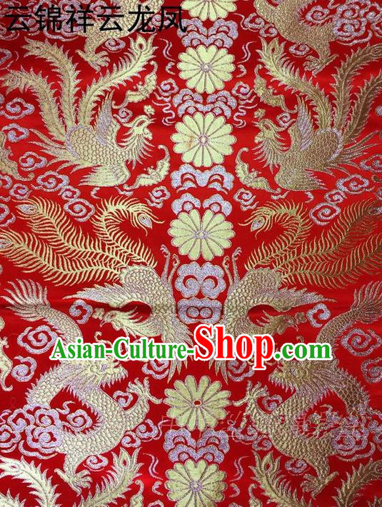 Traditional Asian Chinese Handmade Embroidery Golden Lotus Satin Tang Suit Red Fabric, Nanjing Brocade Ancient Costume Hanfu Xiuhe Suit Cheongsam Cloth Material