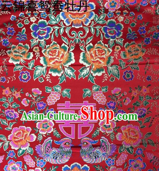 Traditional Asian Chinese Handmade Embroidery Peony Mandarin Duck Satin Tang Suit Red Fabric, Nanjing Brocade Ancient Costume Hanfu Xiuhe Suit Cheongsam Cloth Material