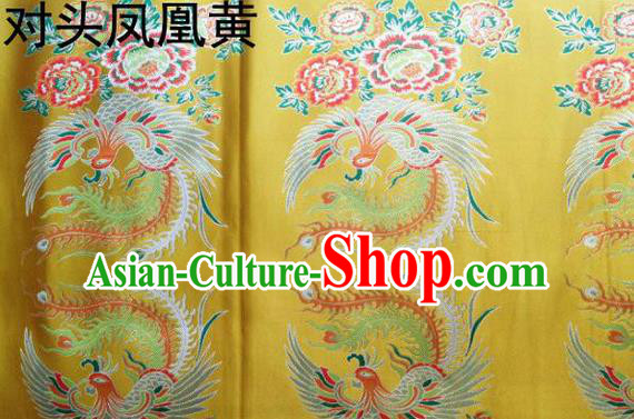 Traditional Asian Chinese Handmade Embroidery Phoenix Satin Tang Suit Yellow Fabric, Nanjing Brocade Ancient Costume Hanfu Xiuhe Suit Cheongsam Cloth Material