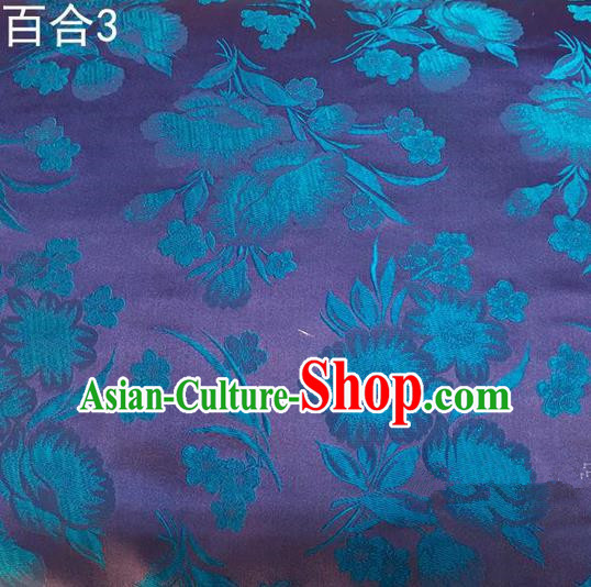 Traditional Asian Chinese Handmade Embroidery Greenish Lily Flower Satin Tang Suit Purple Fabric, Nanjing Brocade Ancient Costume Hanfu Cheongsam Cloth Material