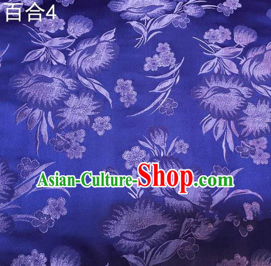 Traditional Asian Chinese Handmade Embroidery Greenish Lily Flower Satin Tang Suit Blue Fabric, Nanjing Brocade Ancient Costume Hanfu Cheongsam Cloth Material