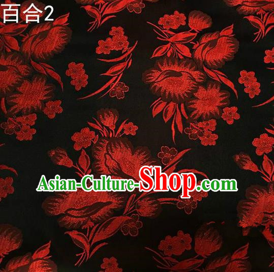 Traditional Asian Chinese Handmade Embroidery Red Greenish Lily Flower Satin Tang Suit Black Fabric, Nanjing Brocade Ancient Costume Hanfu Cheongsam Cloth Material