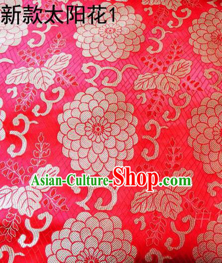 Traditional Asian Chinese Handmade Embroidery Sun Flowers Silk Satin Tang Suit Red Fabric, Nanjing Brocade Ancient Costume Hanfu Cheongsam Cloth Material