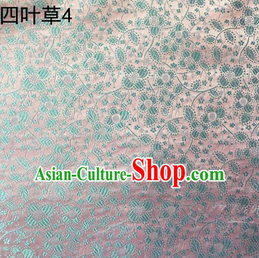 Traditional Asian Chinese Handmade Embroidery Blue Clover Silk Satin Tang Suit Light Pink Fabric, Nanjing Brocade Ancient Costume Hanfu Cheongsam Cloth Material