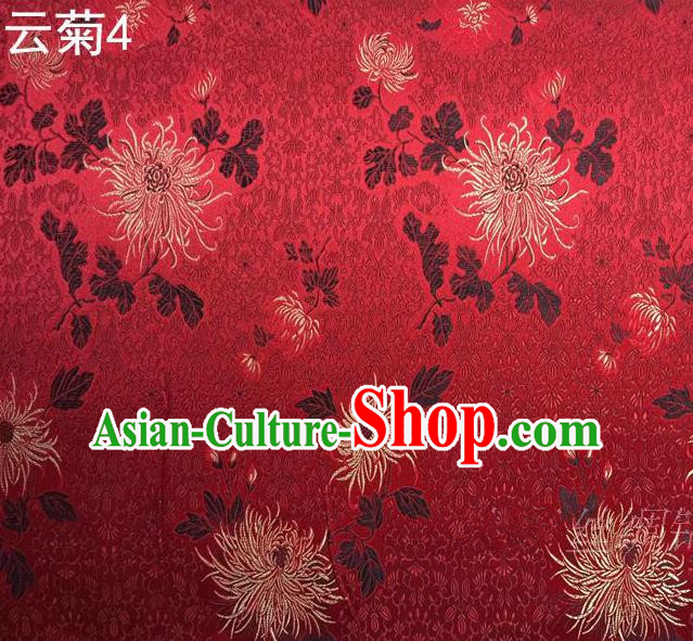 Traditional Asian Chinese Handmade Jacquard Weave Embroidery Chrysanthemum Satin Tang Suit Red Silk Fabric, Top Grade Nanjing Brocade Ancient Costume Hanfu Clothing Fabric Cheongsam Cloth Material