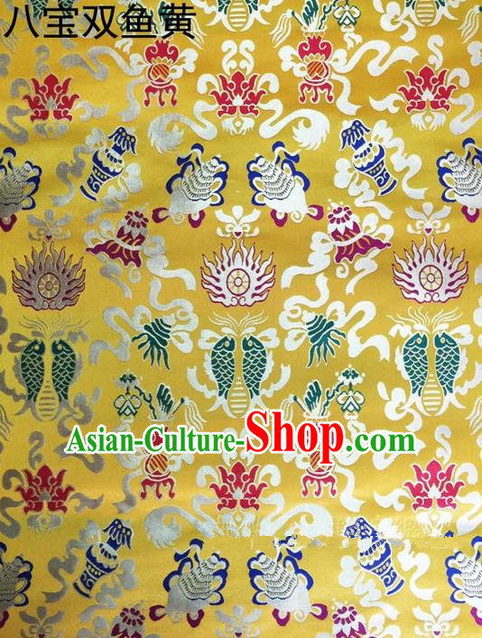 Traditional Asian Chinese Handmade Embroidery Hylotelephium Fishes Satin Xiuhe Suit Yellow Silk Fabric, Top Grade Nanjing Brocade Ancient Costume Hanfu Clothing Cheongsam Cloth Material