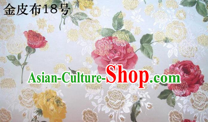 Traditional Asian Chinese Handmade Printing Gold Wire Roses Satin Wedding Tang Suit White Silk Fabric, Top Grade Nanjing Brocade Ancient Costume Hanfu Tibetan Clothing Cheongsam Cloth Material