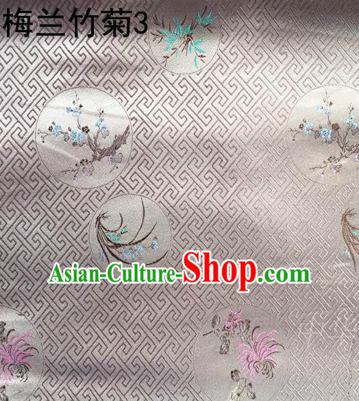 Traditional Asian Chinese Handmade Printing Plum Blossoms Orchid Bamboo and Chrysanthemum Satin Tang Suit Grey Fabric, Nanjing Brocade Ancient Costume Hanfu Cheongsam Cloth Material