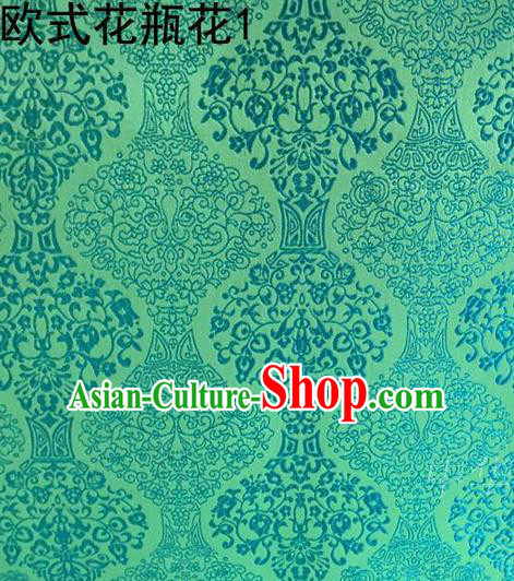 Traditional Asian Chinese Handmade Embroidery Vase Silk Satin Tang Suit Green Fabric, Nanjing Brocade Ancient Costume Hanfu Cheongsam Cloth Material