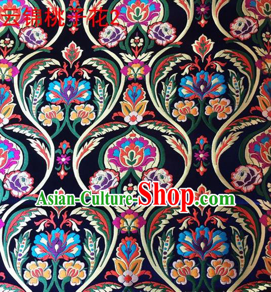 Traditional Asian Chinese Handmade Embroidery Peach Pattern Silk Satin Tang Suit Navy Fabric, Nanjing Brocade Ancient Costume Hanfu Cheongsam Cloth Material