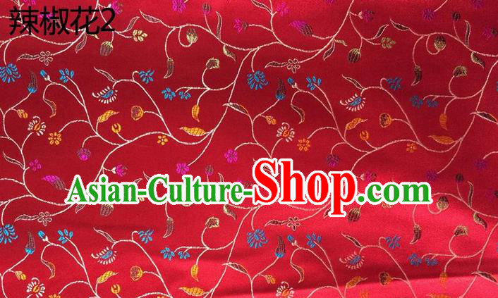 Traditional Asian Chinese Handmade Embroidery Pepper Flowers Pattern Silk Satin Tang Suit Red Fabric, Nanjing Brocade Ancient Costume Hanfu Cheongsam Cloth Material