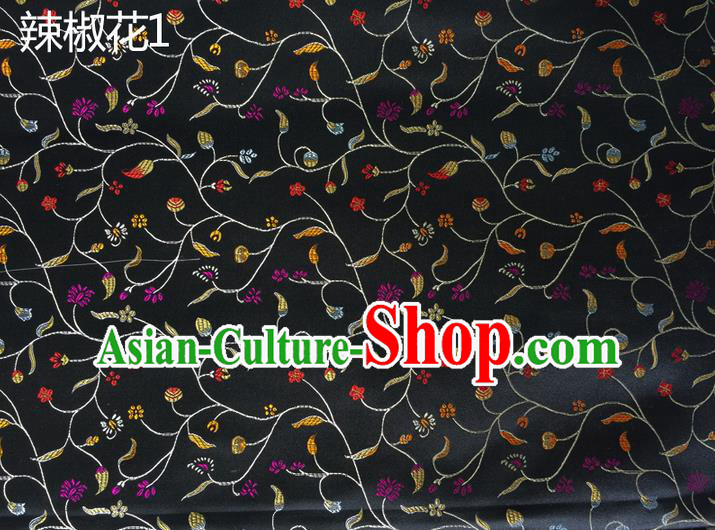 Traditional Asian Chinese Handmade Embroidery Pepper Flowers Pattern Silk Satin Tang Suit Black Fabric, Nanjing Brocade Ancient Costume Hanfu Cheongsam Cloth Material