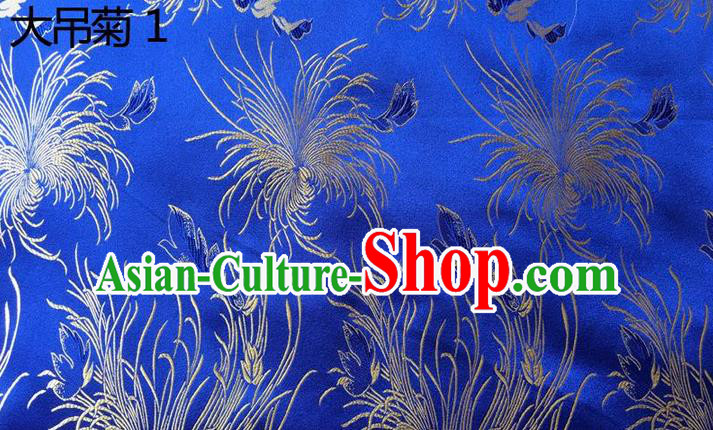 Traditional Asian Chinese Handmade Embroidery Chrysanthemum Flowers Silk Satin Tang Suit Blue Tibetan Fabric, Nanjing Brocade Ancient Costume Hanfu Cheongsam Cloth Material