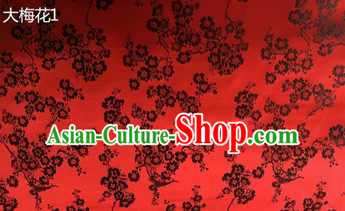 Traditional Asian Chinese Handmade Embroidery Black Plum Blossom Flowers Silk Satin Tang Suit Red Fabric, Nanjing Brocade Ancient Costume Hanfu Cheongsam Cloth Material