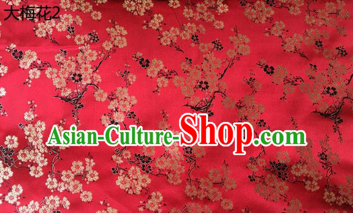 Traditional Asian Chinese Handmade Embroidery Plum Blossom Flowers Silk Satin Tang Suit Red Fabric, Nanjing Brocade Ancient Costume Hanfu Cheongsam Cloth Material