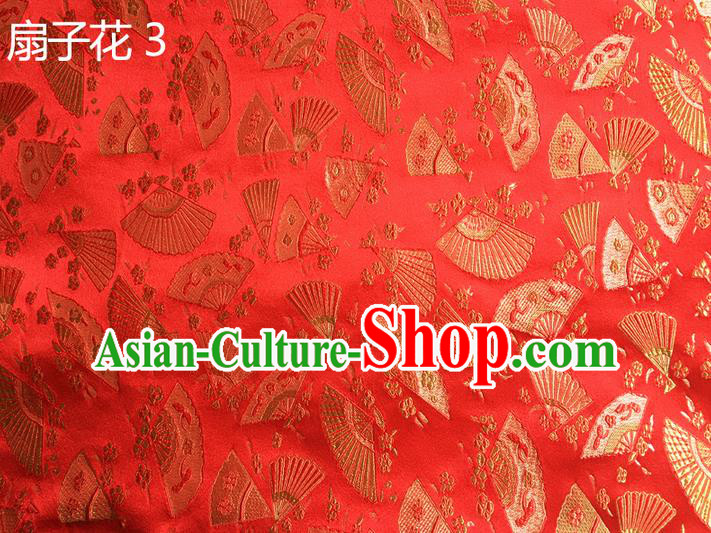 Traditional Asian Chinese Handmade Embroidery Fans Flowers Silk Satin Tang Suit Red Fabric, Nanjing Brocade Ancient Costume Hanfu Cheongsam Cloth Material