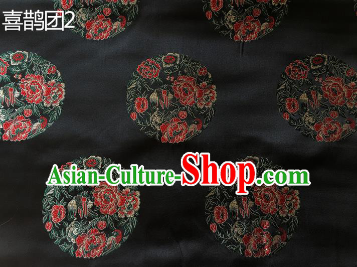 Traditional Asian Chinese Handmade Embroidery Peony Magpie Silk Satin Tang Suit Black Fabric, Nanjing Brocade Ancient Costume Hanfu Cheongsam Cloth Material