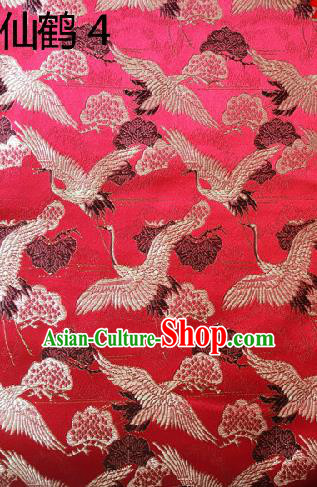 Traditional Asian Chinese Handmade Embroidery Cranes Kimono Silk Satin Tang Suit Red Fabric, Nanjing Brocade Ancient Costume Hanfu Cheongsam Cloth Material