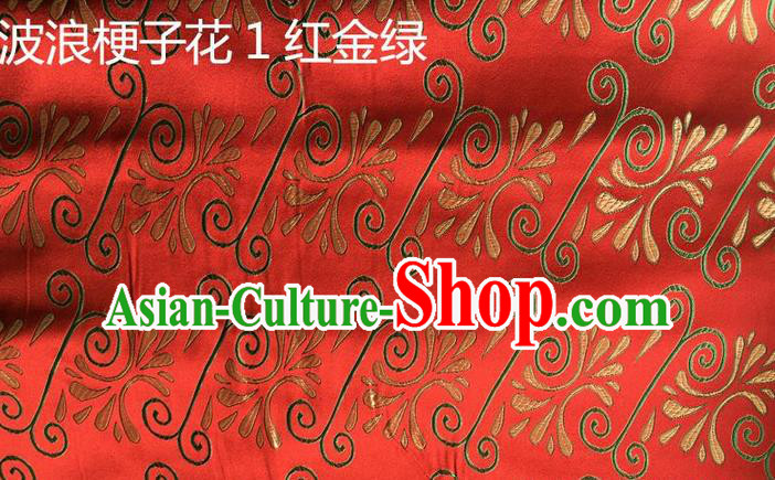 Traditional Asian Chinese Handmade Embroidery Wave Green Stem Flowers Silk Satin Tang Suit Red Fabric, Nanjing Brocade Ancient Costume Hanfu Cheongsam Cloth Material