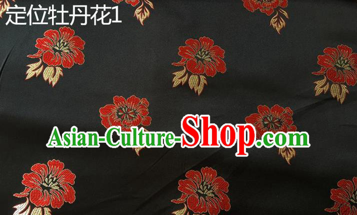 Traditional Asian Chinese Handmade Embroidery Peony Flowers Silk Satin Tang Suit Black Fabric, Nanjing Brocade Ancient Costume Hanfu Cheongsam Cloth Material