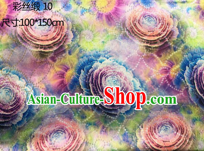 Traditional Asian Chinese Handmade Printing Lotus Color Silk Satin Tang Suit Golden Fabric Drapery, Nanjing Brocade Ancient Costume Hanfu Cheongsam Cloth Material