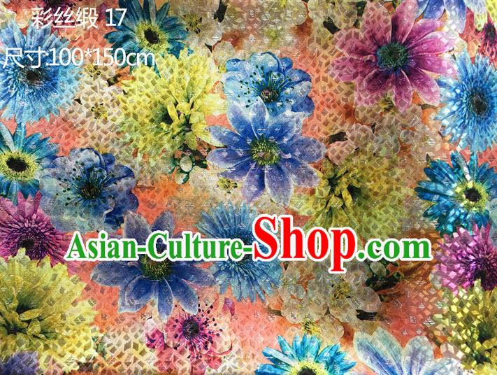 Traditional Asian Chinese Handmade Printing Blue Sunflowers Color Silk Satin Tang Suit Fabric Drapery, Nanjing Brocade Ancient Costume Hanfu Cheongsam Cloth Material