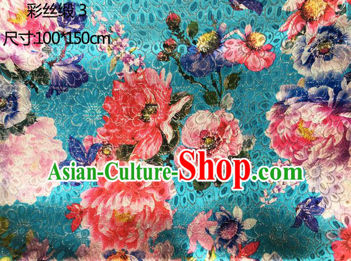 Traditional Asian Chinese Handmade Printing Peony Flowers Color Silk Satin Tang Suit Blue Fabric Drapery, Nanjing Brocade Ancient Costume Hanfu Cheongsam Cloth Material