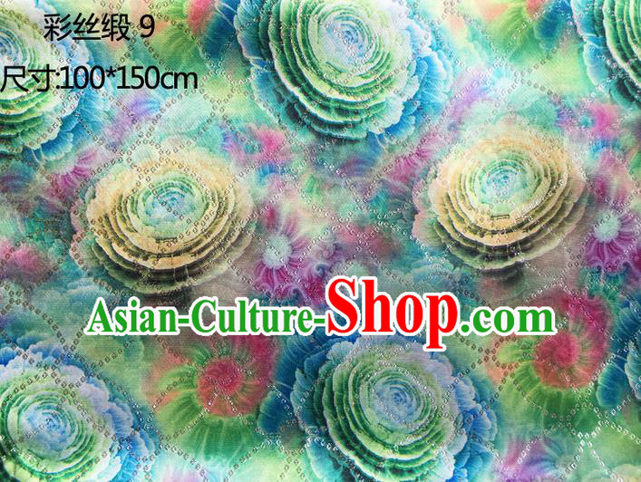 Traditional Asian Chinese Handmade Printing Peony Flowers Color Silk Satin Tang Suit Green Fabric Drapery, Nanjing Brocade Ancient Costume Hanfu Cheongsam Cloth Material