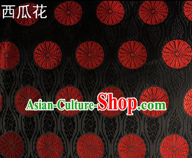 Traditional Asian Chinese Handmade Embroidery Watermelon Flowers Silk Satin Tang Suit Black Fabric Drapery, Nanjing Brocade Ancient Costume Hanfu Cheongsam Cloth Material