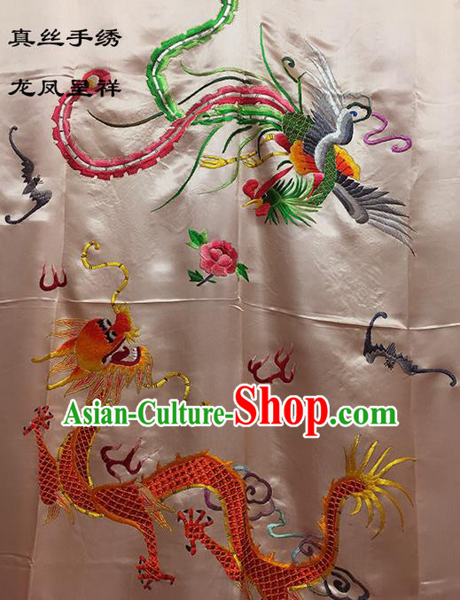 Traditional Asian Chinese Handmade Embroidery Dragon and Phoenix Quilt Cover Silk Tapestry Light Pink Fabric Drapery, Top Grade Nanjing Brocade Bed Sheet Cloth Material
