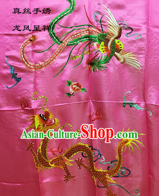 Traditional Asian Chinese Handmade Embroidery Dragon and Phoenix Quilt Cover Silk Tapestry Peach Pink Fabric Drapery, Top Grade Nanjing Brocade Bed Sheet Cloth Material