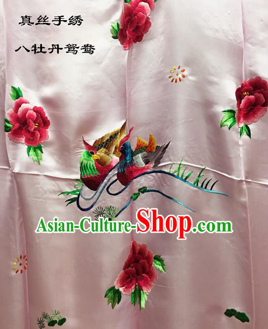 Traditional Asian Chinese Handmade Embroidery Mandarin Ducks Peony Quilt Cover Silk Tapestry Pink Fabric Drapery, Top Grade Nanjing Brocade Bed Sheet Cloth Material