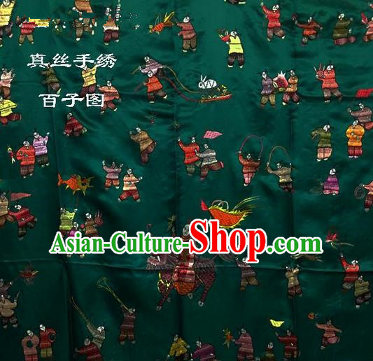 Traditional Asian Chinese Handmade Embroidery Hundred Sons Quilt Cover Silk Tapestry Deep Green Fabric Drapery, Top Grade Nanjing Brocade Bed Sheet Cloth Material