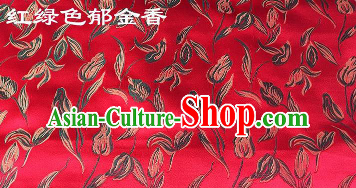Traditional Asian Chinese Handmade Embroidery Tulip Silk Tapestry Tibetan Clothing Red Fabric Drapery, Top Grade Nanjing Brocade Cheongsam Cloth Material