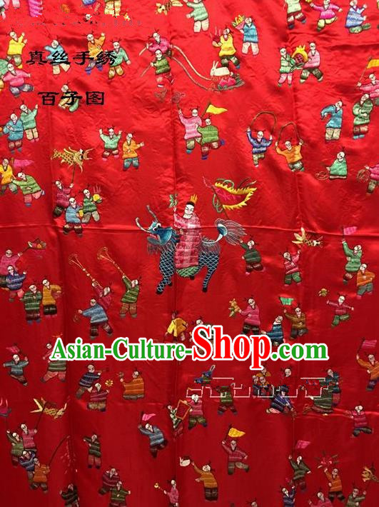 Traditional Asian Chinese Handmade Embroidery Hundred Sons Quilt Cover Silk Tapestry Red Fabric Drapery, Top Grade Nanjing Brocade Bed Sheet Cloth Material